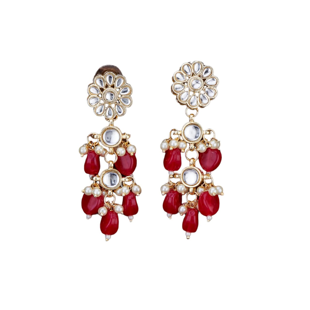 Indian Jhumka Earrings for Women - Large Floral Kundan Faux Pearls Drop Chanbali Earrings Indian Jhumki Ethnic Beaded Bollywood Style Dangle Earrings Jewelry for Bride Birthday Gift for Her